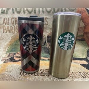 Lot of 2 STARBUCKS Tumblers 20oz Goldtone & 18oz Tartan Plaid